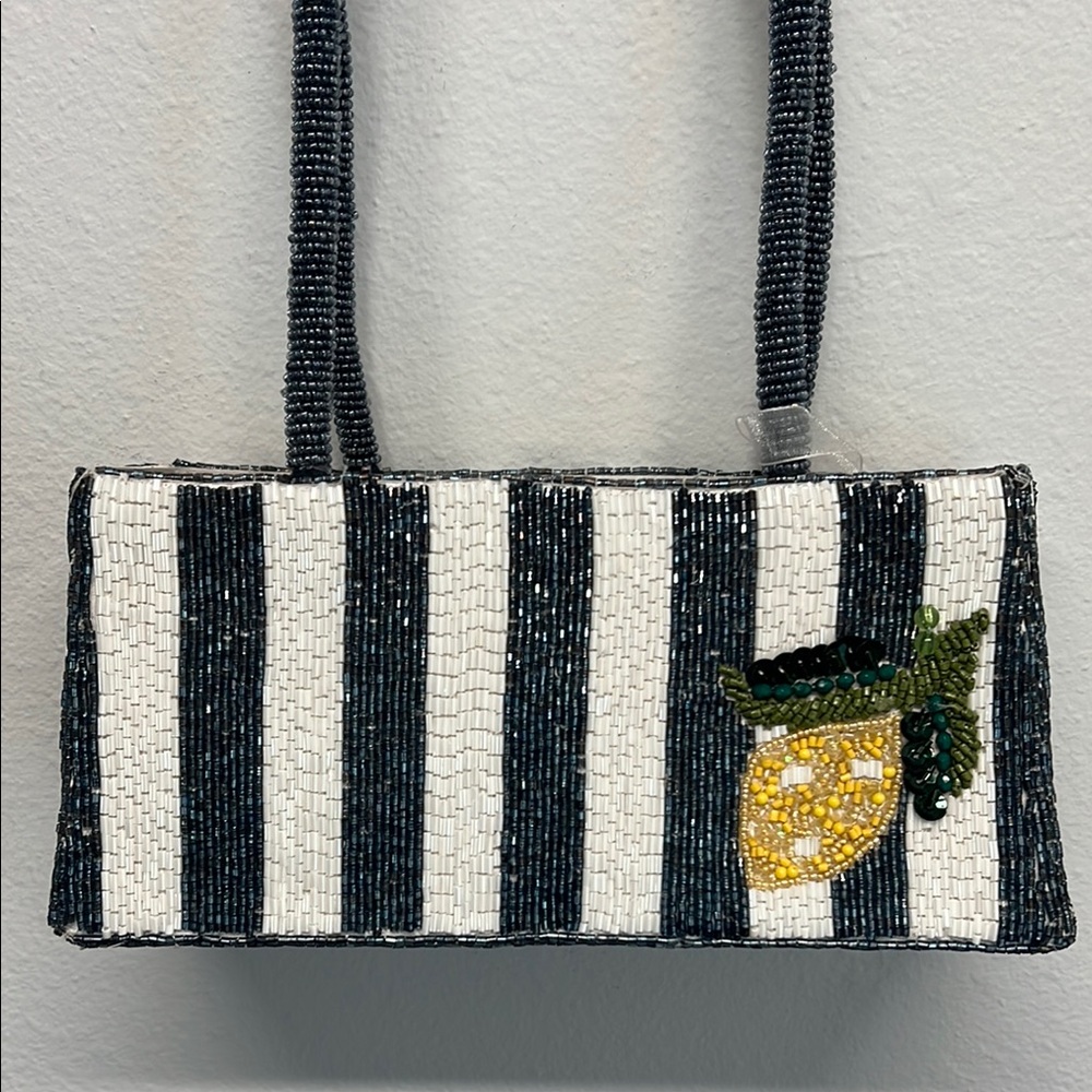 ✨Navy Blue & White Striped Beaded Lemon 🍋 Shoulder Bag
